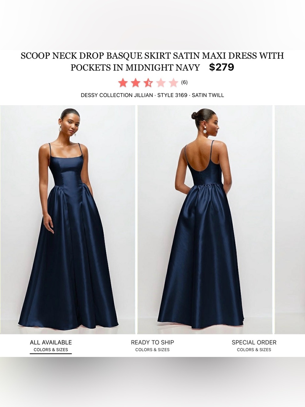 Dessy Collection Midnight Navy Satin Maxi Dress with Square Neck